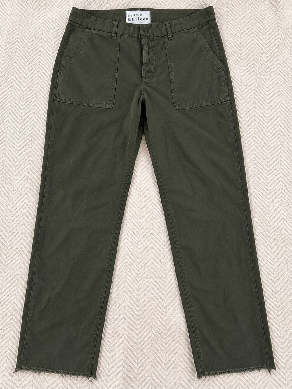 Frank & Eileen Olive Green Utility Pants Size 14 Raw Hem Straight Leg